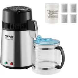 VEVOR Wasser-Destilliergerät Destilliergerät, 4 L Gereinigtes Wasser Reiniger Filter, 750 W Destilliertes Wasser Maker, Edelstahl Innenraum Destilliergerät Wasser Silber Haushalt 1 LWasser pro Std.