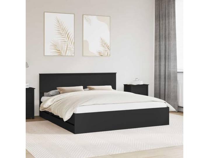RJPLMFV Bettgestell mit Schublade, Schwarz, 200 x 200 cm, Holz Versteckte Aufbewahrung, feste Lamellen, minimalistisches Design, einfache Pflege, modernes Schlafzimmer