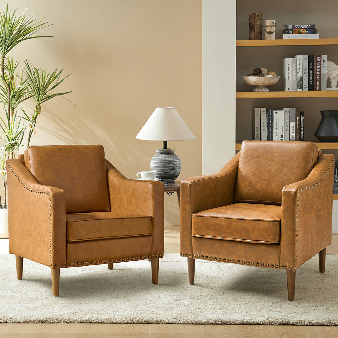 Lark Manor Almetia Vegan Leather Armchair With Solid Wood Legs Set of 2 Camel Faux Leather 88.9cm H X 76.2cm W X 74.93cm D