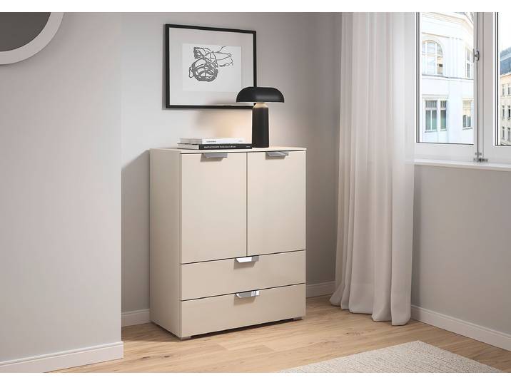 Commode Aditio avec 2 tiroirs 80 x 100 x 42cm Beige/Verre cachemire/Cachemire Argenté