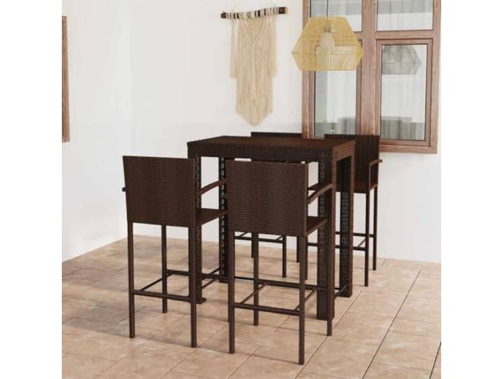 Pulverbeschichteter Stahlrahmen Witterungsbeständig PE Rattan 5 tlg. 5-tlg. Garten Bar Set mit Armlehnen Poly Rattan Braun Balkon Terrasse Wetterfest Stahlgestell Bartisch Barhocker