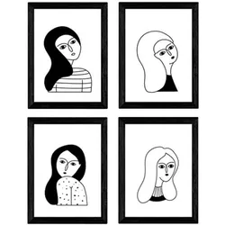 POSTER Set mit 4 „Vier Frauen“ Zeichnungen von Frauen A3 Schwarzer Rahmen