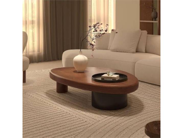 KOGTYB Abstract Irregular Coffee Table with Storage, Retro Wooden Center Table with 3 Legs, Special Farmhouse Coffee Table for Living Room(Brown,80*60*34cm)