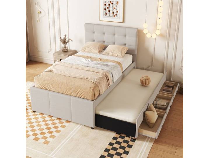 Lit - SINGULARITY - 90x200 cm - Coffre - 3 tiroirs - Lit gigogne - Beige