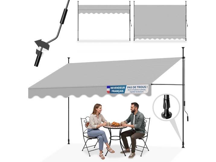 Store à pince sans perçage avec manivelle, réglable en hauteur - 350 x 180 cm, gris clair