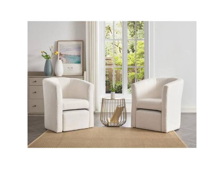 Fauteuil cabriolet et pouf en tissu bouclette blanc JOVANA