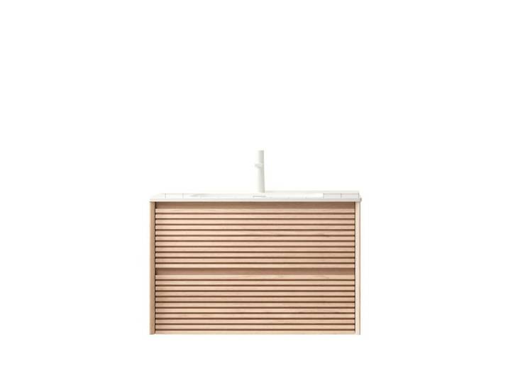 ELVORIN Meuble sous vasque suspendu 81 cm céramique blanche 2 tiroirs soft close noyer naturel