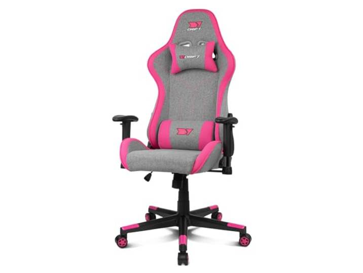 DRIFT Gaming Chair DR90 -DR90DGB - Professionele Gaming Stoel, ademende stof, gestoffeerde 2D armleuningen, versterkte nylon basis, klasse 4 zuiger, kantelen, lumbaal/cervicaal kussen, Grijs/Roze