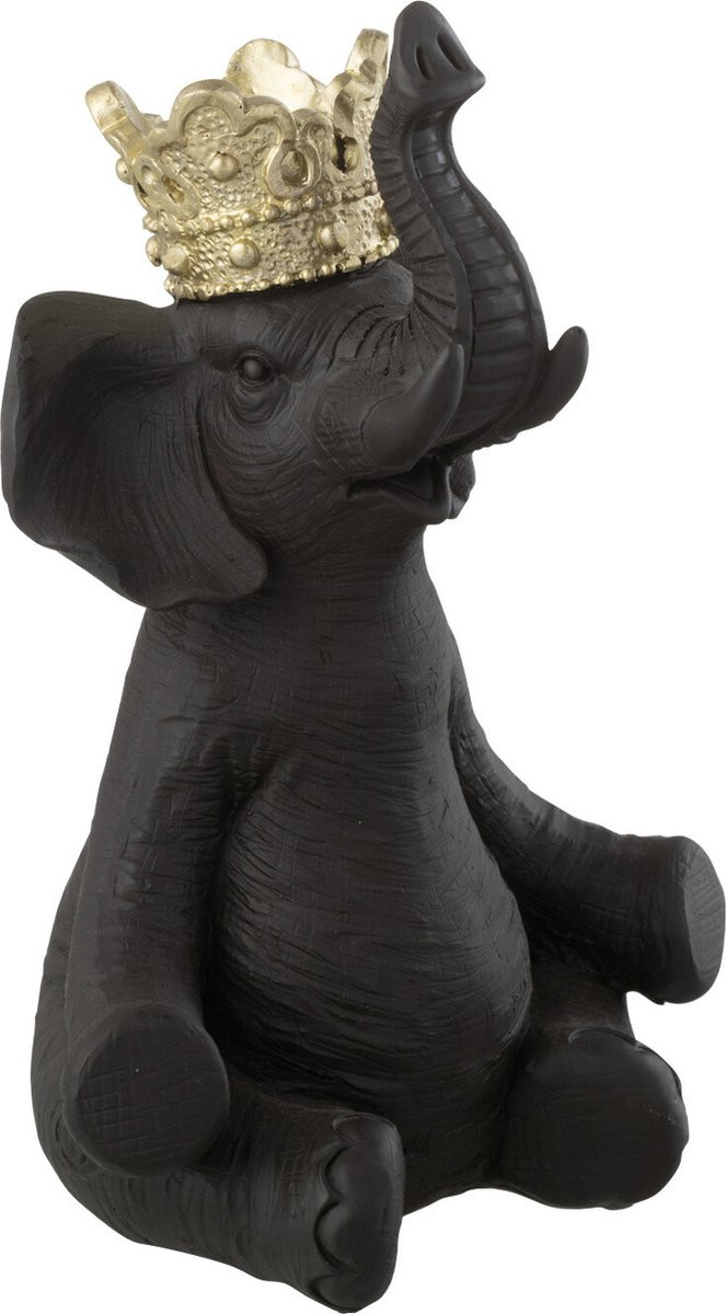 J-Line Decoratie Olifant met Kroon - Polyresin - Zwart/Goud - Small