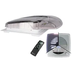 Berger Plus Fan Dachhaube mit Ventilator, LED, Fernbedienung, Fliegengitter und Verdunkelungsrollo 40 x 40 cm Rauch