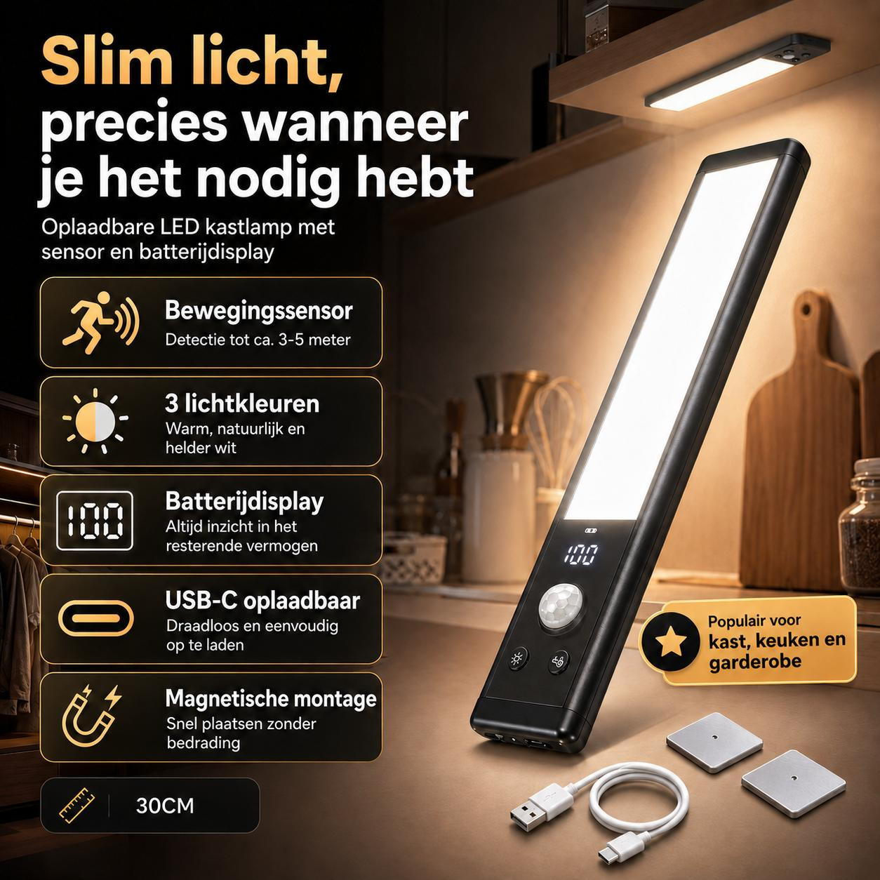 DrPhone MotionGlow2 Oplaadbare LED Kastlamp 40cm – Met Bewegingssensor, 3 Lichtkleuren en Magnetische Bevestiging, Zwart