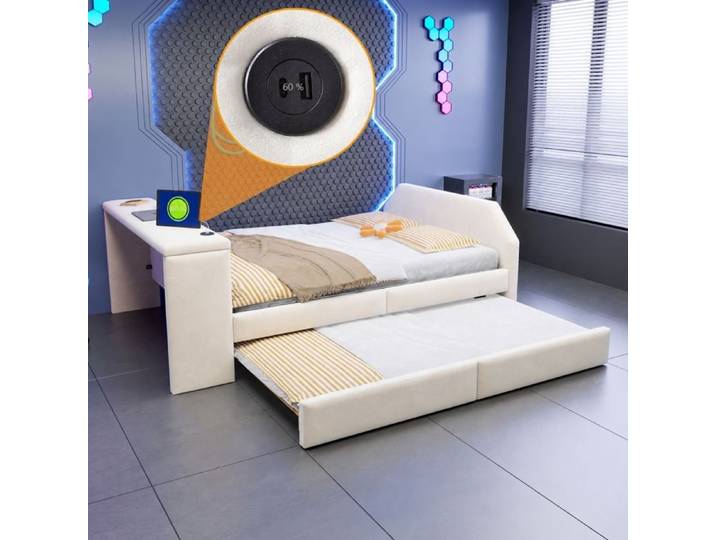 Norevia Lit enfant 140x200 cm avec bureau intégré velours beige et lit gigogne escamotable sans matelas