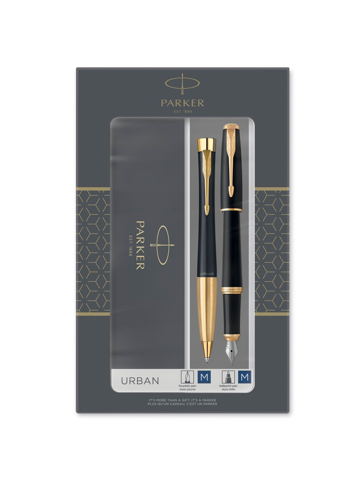 Parker Urban Duo-Geschenkset mit Kugelschreiber und Füller | schwarz-goldene Zierteile | Nachfüllmine und -patronen mit blauer Tinte | Geschenkbox