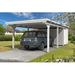 Carport Emsland 404x846cm mit Abstellraum, weiß, 20mm Dachschalung mit EPDM Folie Holzcarport