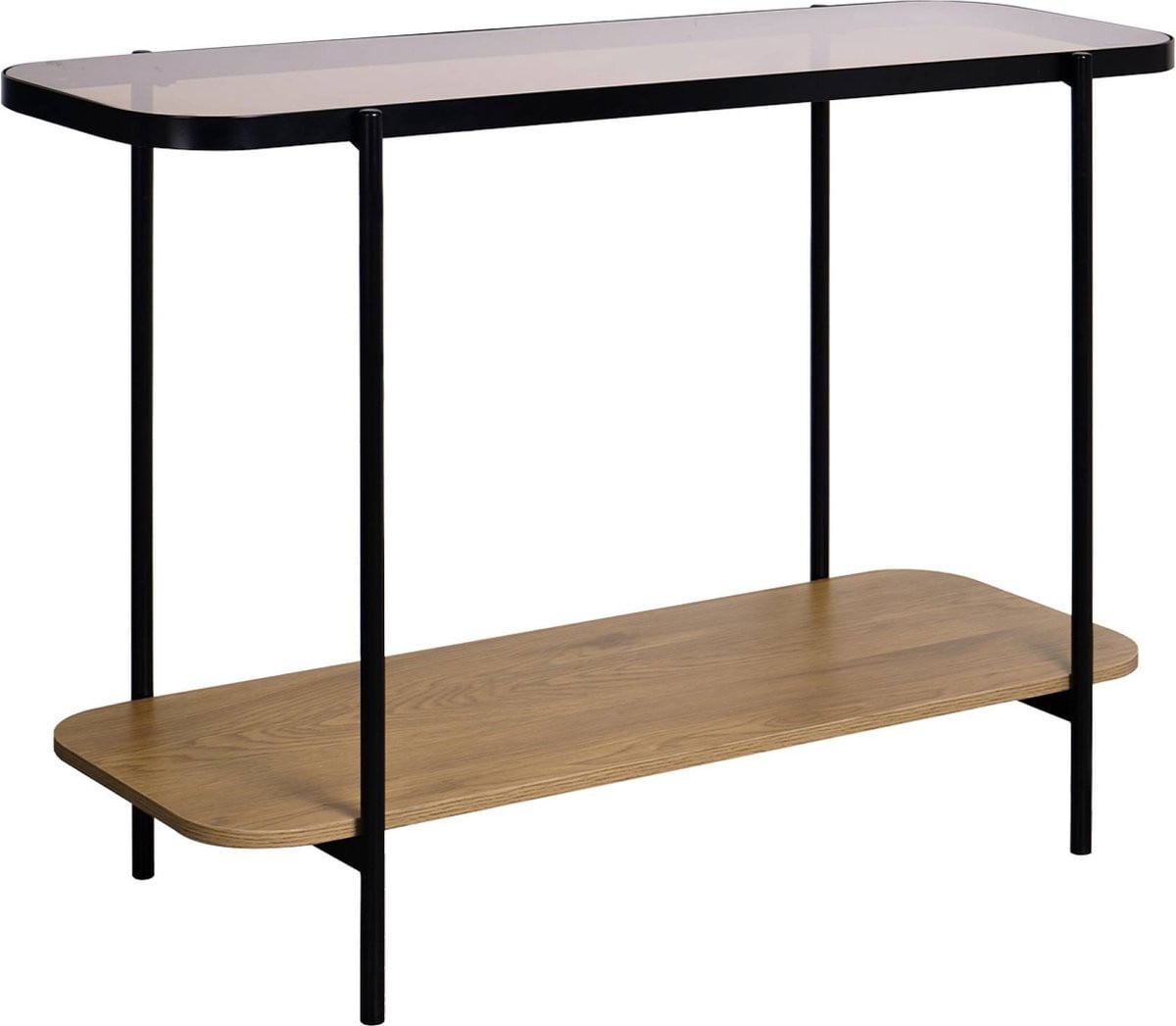 Sweek Sidetable vintage zwart metaal met 2 plateau's van glas en houtdecor