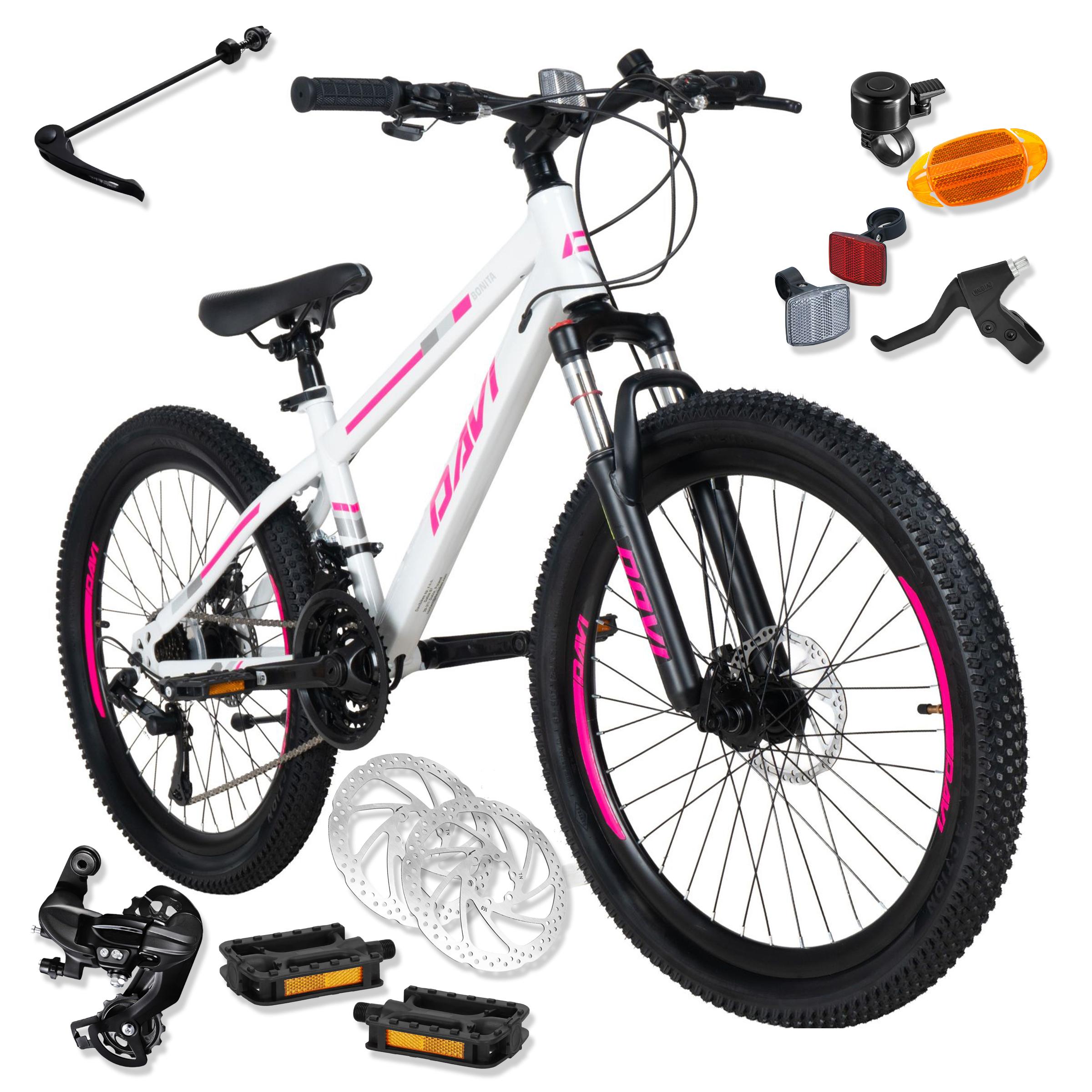 Mountainbike Kinderfahrrad Davi Bonita 24 Zoll, 130-160 cm, 21 Gänge, Rosa/Weiß