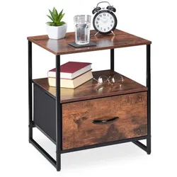 Relaxdays Nachttisch Industrial mit Schublade Dunkelbraun,Schwarz