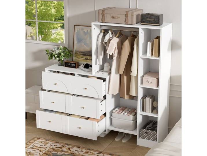 Armoire de chambre blanc 139x35x133cm penderie ouverte 6 tiroirs étagères latérales meuble de rangement multifonctionnel