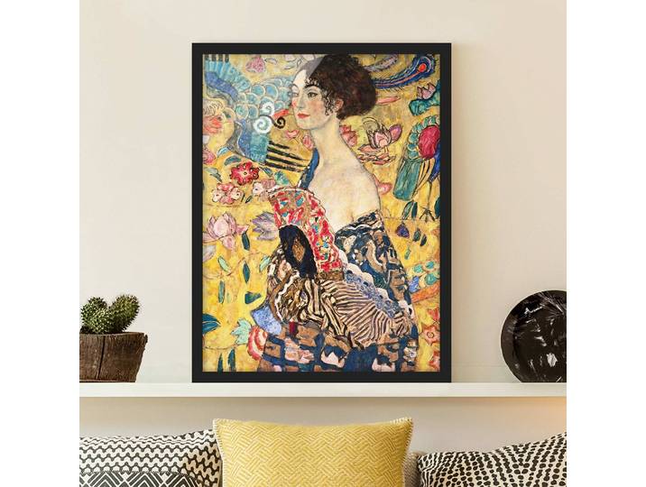 Tableau déco Klimt Dame à l’éventail Papier Cadre : placage en bois véritable Pin Jaune 50 x 70cm
