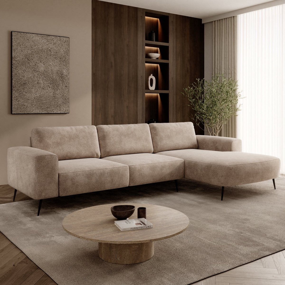 Meubella Veldan Hoekbank 3-zits - Beige - Rechts