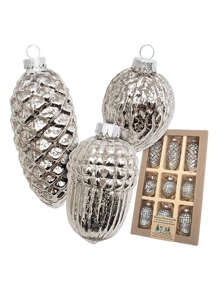 Krebs Glas Lauscha Christbaumornamente "Nüsse & Zapfen" in Silber - 9 Stück - onesize