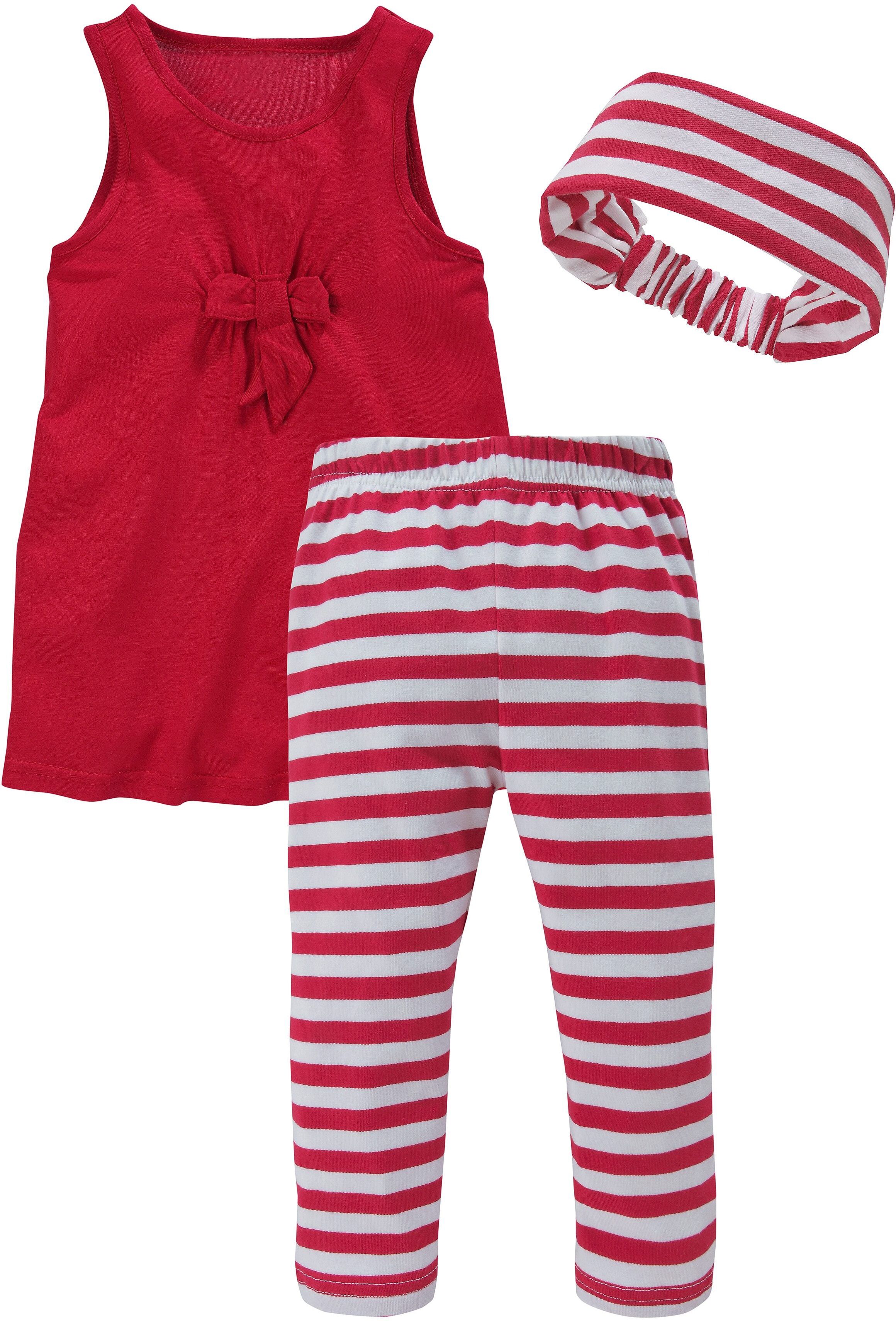 Kleid, Leggings & Haarband KIDSWORLD "3tlg. Set: Kleid, Capri und Haarband geringelt", Mädchen, Gr. 140/146, rot (rot, weiß), Jersey, Obermaterial: 100% Baumwolle. Unterteil: 95% Baumwolle, 5% Elasthan, gestreift, unifarben, KOB Set-Artikel Kleid Leggings