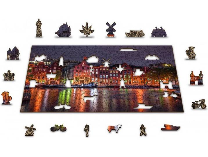 Wooden City Amsterdam bij Nacht XL - Houten Vormpuzzel - 600 stukjes - 52x38 cm