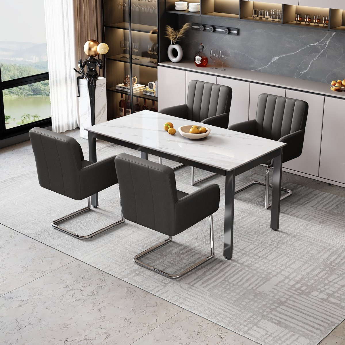 Set van 4 Welltin Eettafelstoelen met verticale strepen, Kunstleer, Zwart