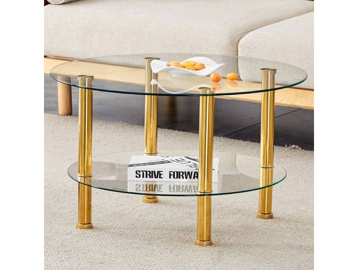 Table basse ronde en verre trempé - Ø70cm - Structure double plateau avec pieds en métal doré - Style luxe moderne - Doré
