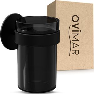 ovimar Zahnputzbecher Engeloya, aus schwarzem Glas, zum Kleben, Wandhalterung Edelstahl schwarz, 250 ml