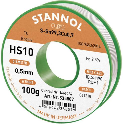 Stannol HS10 2,5% 0,5MM SN99,3CU0,7 CD 100G Lötzinn, bleifrei bleifrei, Spule Sn99,3Cu0,7 ROM1 100g 0.5mm