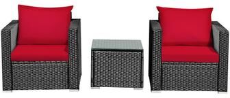 Costway 3 Pcs Patio Conversation Rattan Furniture Set with Cushion-Red