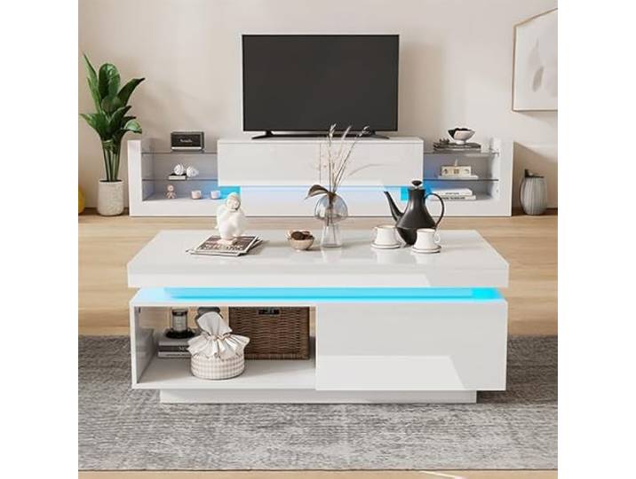 FammyLoft Wohnzimmer Möbel Set, TV- Lowboard mit LED-Leuchten, Weißes TV-Schrank + Weißes Couchtisch, Moderner TV-Kommode mit Schubladen, Wandschrank, Esstisch, 181 * 38 * 38 cm
