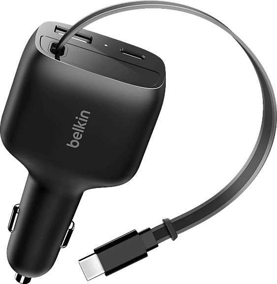 Cargador USB para coche - Belkin con cable retráctil de 75 W, Universal, Negro