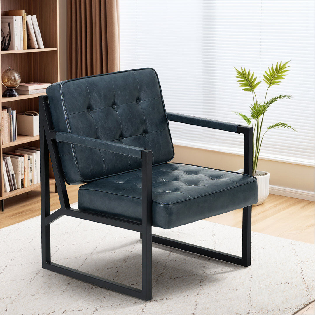 Ebern Designs Modern Faux Leather button-tufted design Accent Chair with Metal Farme 110° Recline Blue Faux Leather 83.4cm H X 66.4cm W X 72.9cm D