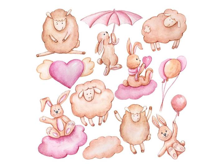 Wallfluent Wandaufkleber 130x208cm - Schafe, Lämmer und Kaninchen, Mehrfarbig, Kunststoff, Rechteckig, 130x208x0.1 cm, Tapeten & Wandverkleidungen, Wandtattoos & Sticker, Wandtattoos