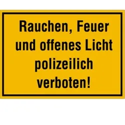 Schild Rauchen, Feuer und offenes Licht polizeilich verboten!, Alu, 350x250 mm