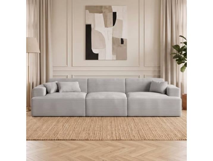 skølm Freki Cloud Couch aus Cord, 3-Sitzer, Grau, 3 Kissen, Vollschaumsofa Sofagarnitur, Vollschaumcouch mit Federkern & Vakuum-Kompression, 320 cm breit, kein Aufbau erforderlich, Wohnzimmersofa
