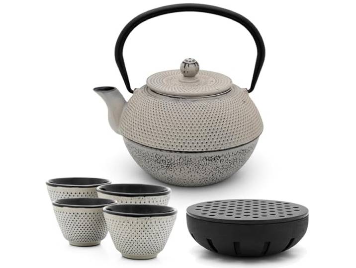 Bredemeijer Asia Teekanne Gusseisen Set 1.1 Liter - grauer Teekessel & Edelstahl-Filter-Einsatz für losen Tee & Teebecher (4 Tassen) & Stövchen (Teelicht)