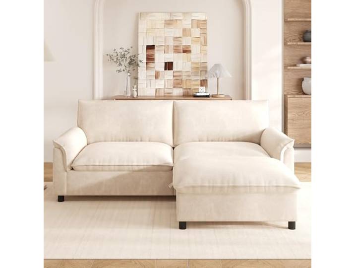 Modulares Cloud-Sectional-Sofa, komfortables Ecksofa für das Wohnzimmer, modernes Deep-Seat-Design, übergroßes Cloud-Sofa, mit beweglichem Fußhocker, hohe Rückenlehne, Beige, Maße: B216 × H82 × T77