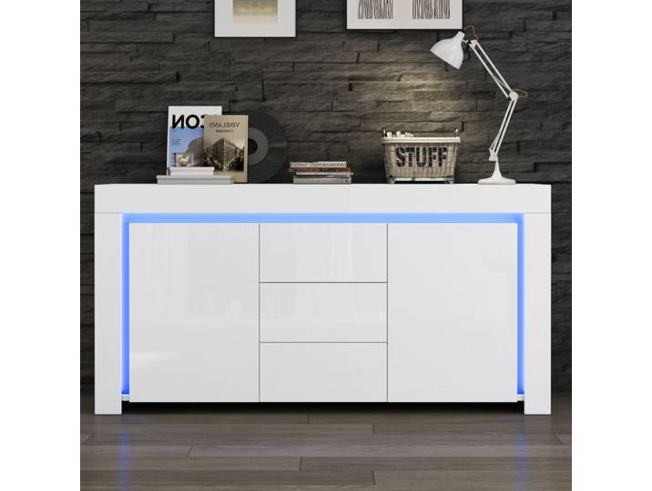 Buffet bas - LEMONBEST - 140 x 40 x 65 cm - Laqué brillant - LED intégrée - 2 portes 3 tiroirs