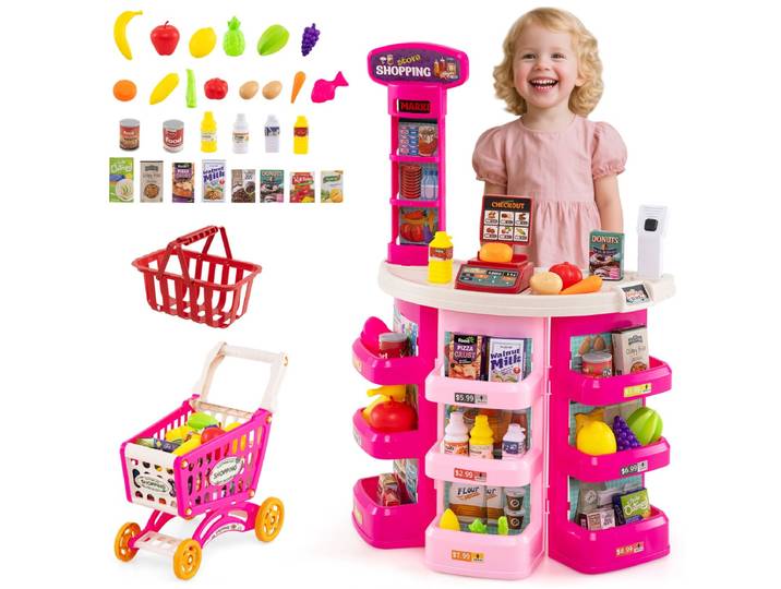 Supermarktspeelset voor Kinderen met Winkelwagen Weegschaal Scanner met Licht en Geluid Voedingsmiddelen en 29 Accessoires -Roze