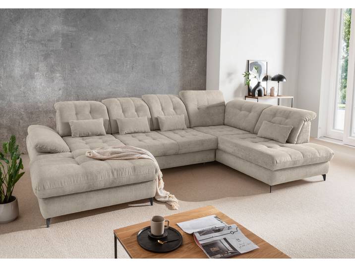 Ecksofa HOME AFFAIRE Delphino, Multifunktionen, 358 x 216 cm, modern & bequem , beige (taupe), B:358cm T:216cm, 100% Polyester, Sofas, Ecksofa, Microfaser, L-Form, Bettfunktion, Nierenkissen, Verstellungen