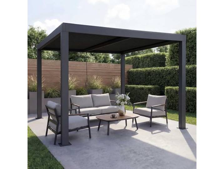 Mendler Pergola HWC-L46 10cm-Aluminium-Gestell 3x3m - anthrazit Gartenpavillon, Lamellen-Pavillon, Regenrinne, sturmfest