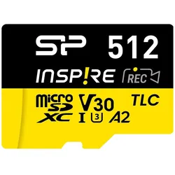 Silicon Power Speicherkarten Inspire 512GB, DDR200, W/A, CL10, V30, A2, TF SDXC UHS-IU3 (512 GB, microSDXC, U3, UHS-I), Speicherkarte, Schwarz, Gelb