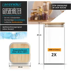 Arendo Aufbewahrungsbecher, Glasbehälter 2x2L & 2x1,5L Borosilikatglas, Bambusdeckel luftdicht, BPA-frei, Vorratsbehälter, Transparent