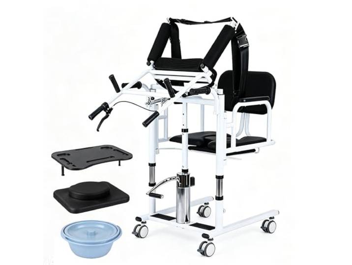 SULQING Hydraulischer Patientenlifter Bis 200kg –Hydraulic Patient Lift Transfer Chair mit 180° Geteiltem Sitz mit Toiletteneimer & Tablett, 4 Leise Rollen, Höhenverstellbar 41-65cm