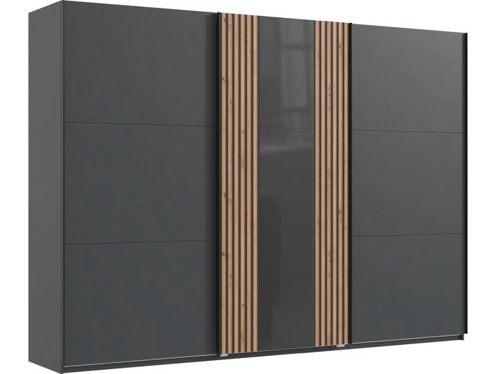 Schwebetürenschrank WIMEX Atlanta by fresh to go , schwarz (graphit, glas grau, akustikpaneel optik artisan eiche nachbildung), B:300cm H:216cm T:65cm, Holzwerkstoff, Schränke, Schwebetürenschrank, mit Akustikpaneel Optik (3D Leisten), Lamelle