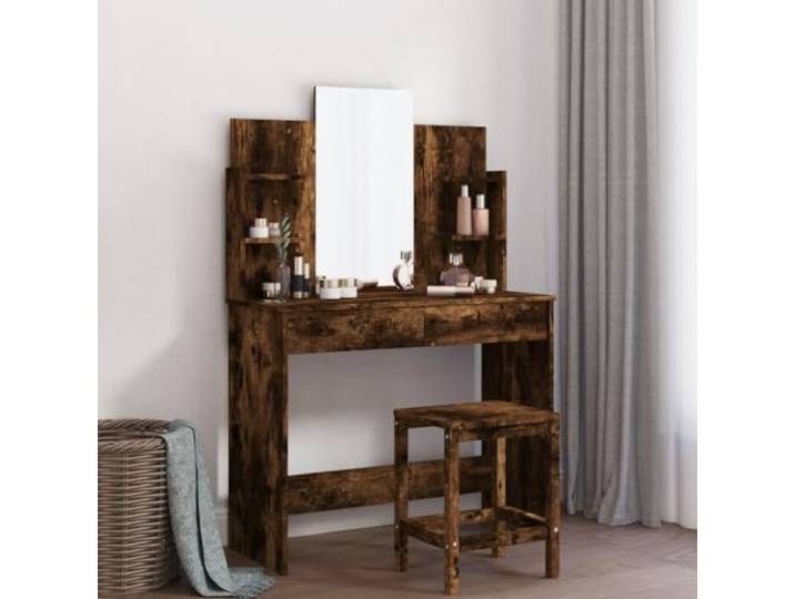 GBCDSWBR Schminktisch mit Spiegel, 2 Schubladen & 4 Ablagen, Räuchereiche Kompaktes Design, Stabiler Holzwerkstoff, Zeitlose Schlafzimmer-Optik