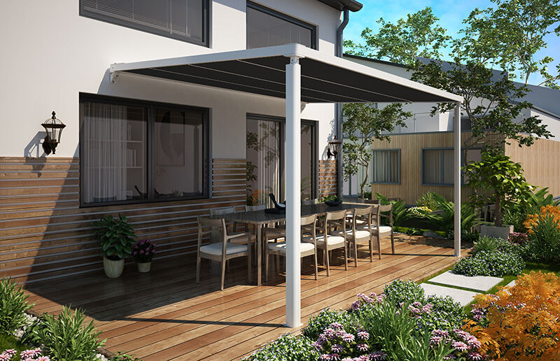 SUNNY INCH ® Pergola adossée à toile rétractable électrique avec LEDS - Blanc - Pluton 5600